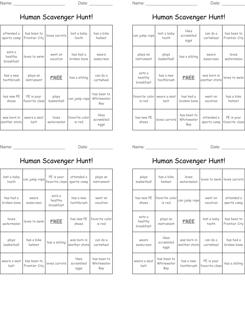 Human Scavenger Hunt Bingo Cards WordMint