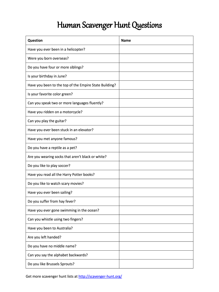 Human Scavenger Hunt Questions Fill Out Sign Online DocHub