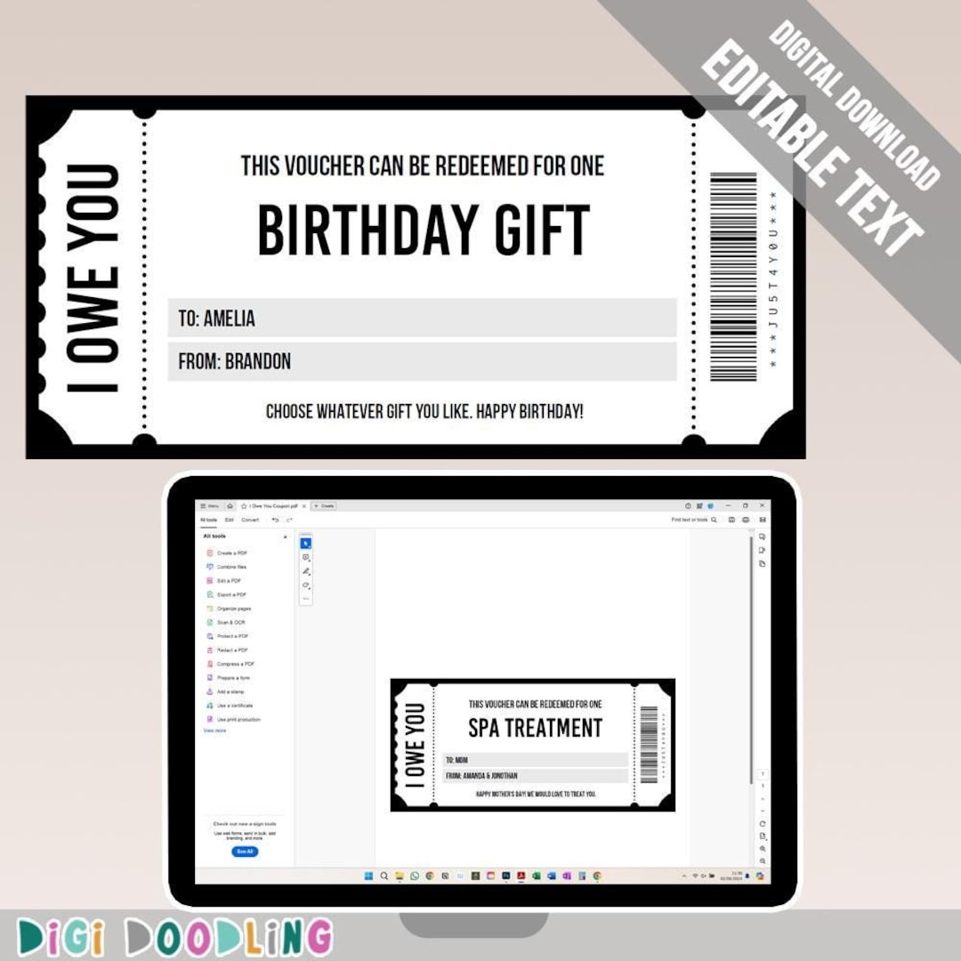 I Owe You Voucher Template ANY TEXT Printable I Owe You Coupons I Owe You Birthday Voucher IOU Coupon Printable Gift Certificate Etsy