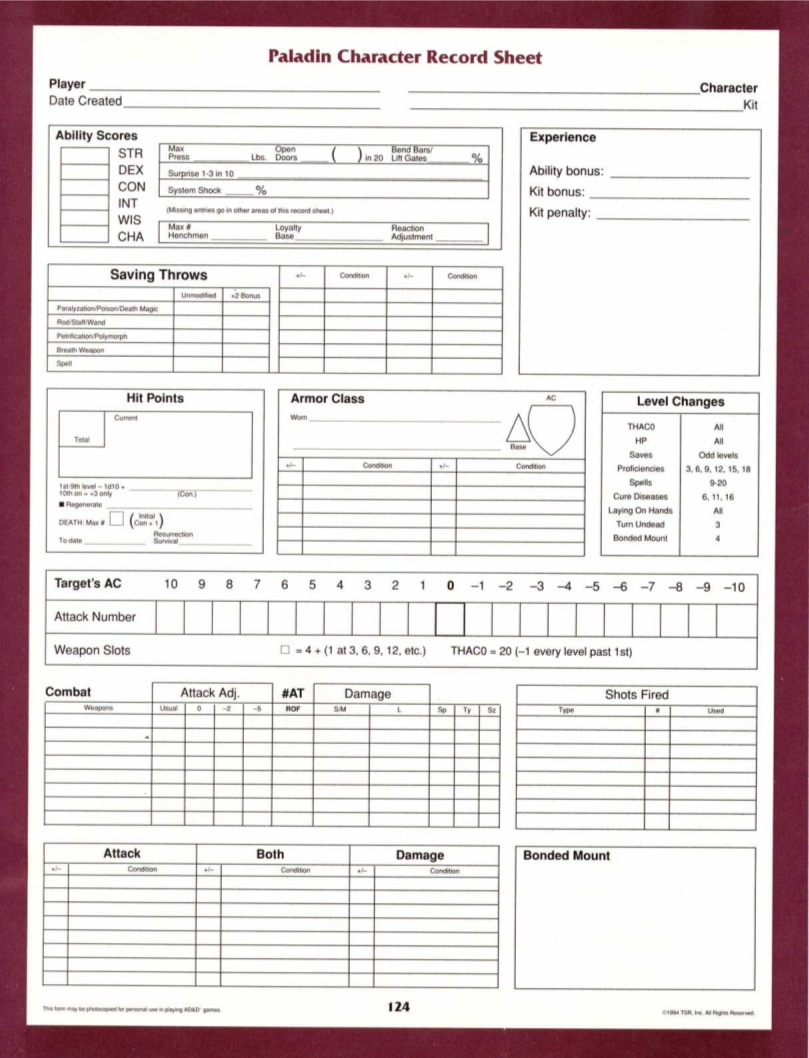 Jade Gaming News 2nd Ed AD D Paladin Character Sheet