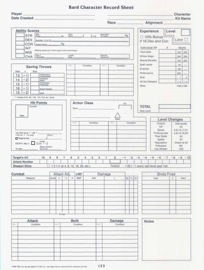 Ad&D 2nd Edition Character Sheet Printable