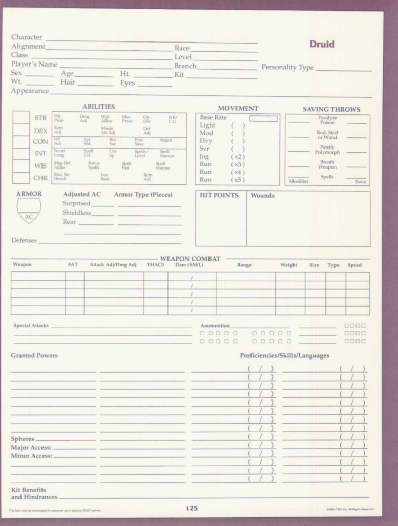 Jade Gaming News 2nd Edition Druid Character Sheet