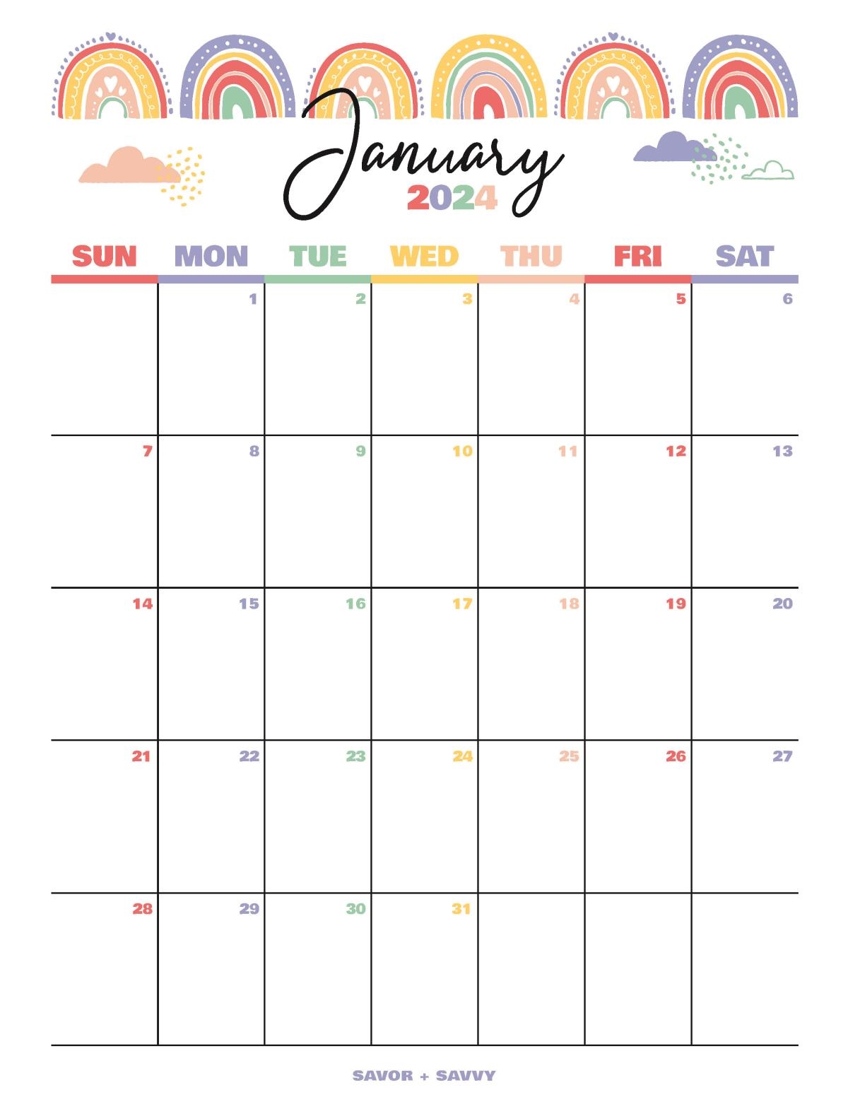 Colorful Calendar Monthly Printable Editable Rainbow Calendar Monthly Printable Editable