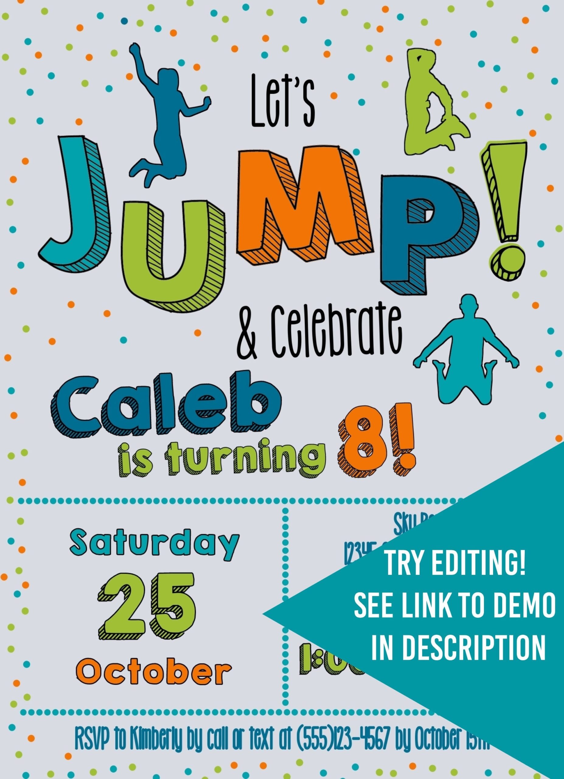 Jump Trampoline Party Personalized Invitation Free Thank You Cards Boy Bounce Birthday Template Boys Printable Instant Editable Invite Etsy