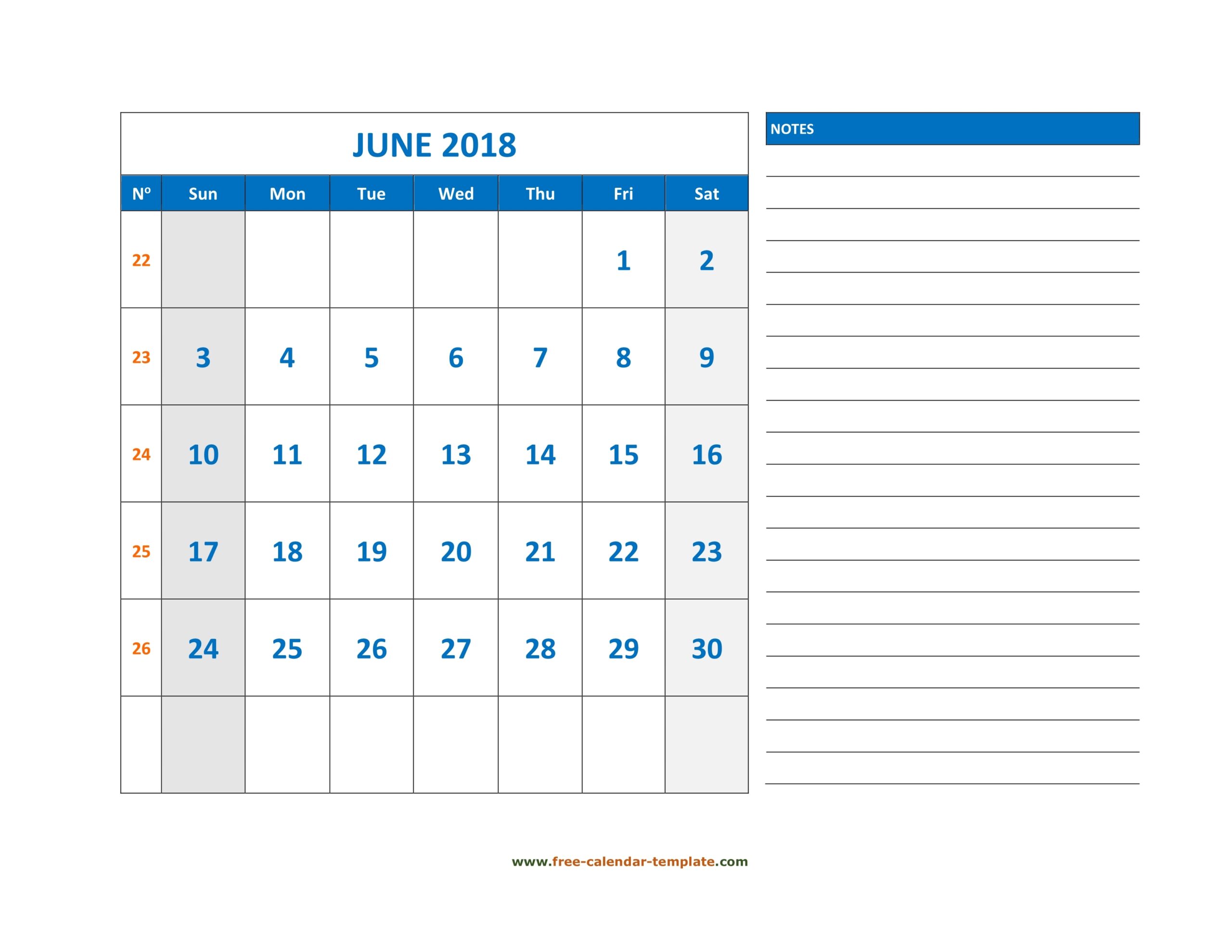 June Calendar 2018 Grid Lines For Holidays And Notes horizontal Free Calendar template