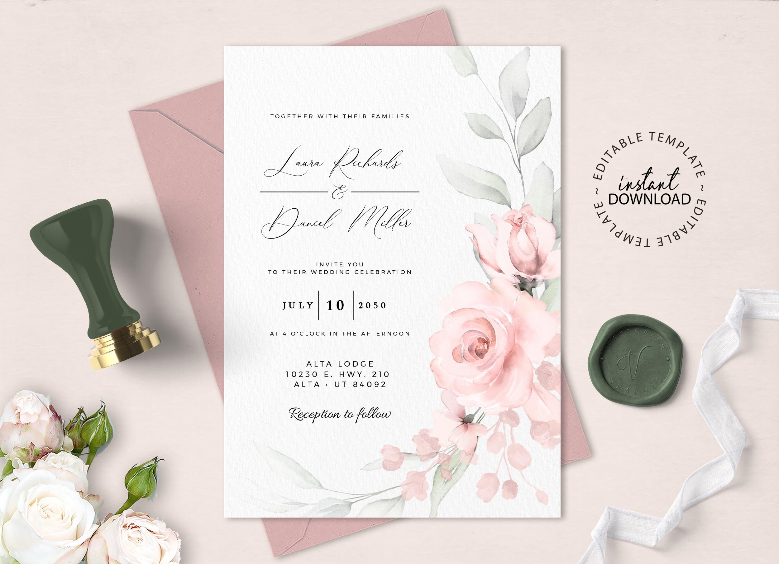 KARA Pale Rose Wedding Invitation Template Editable Pink Floral Wedding Invite INSTANT DOWNLOAD Blush Flowers Invites W66 Etsy