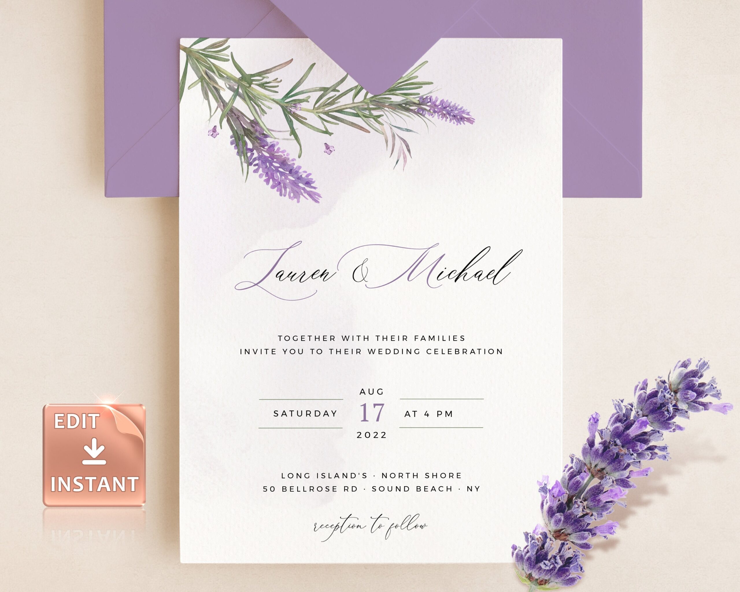 LAMI Lavender Rosemary Wedding Invitation Template Purple Watercolor Faint Green Invite Sage Garden Templates DIY Instant Download Etsy