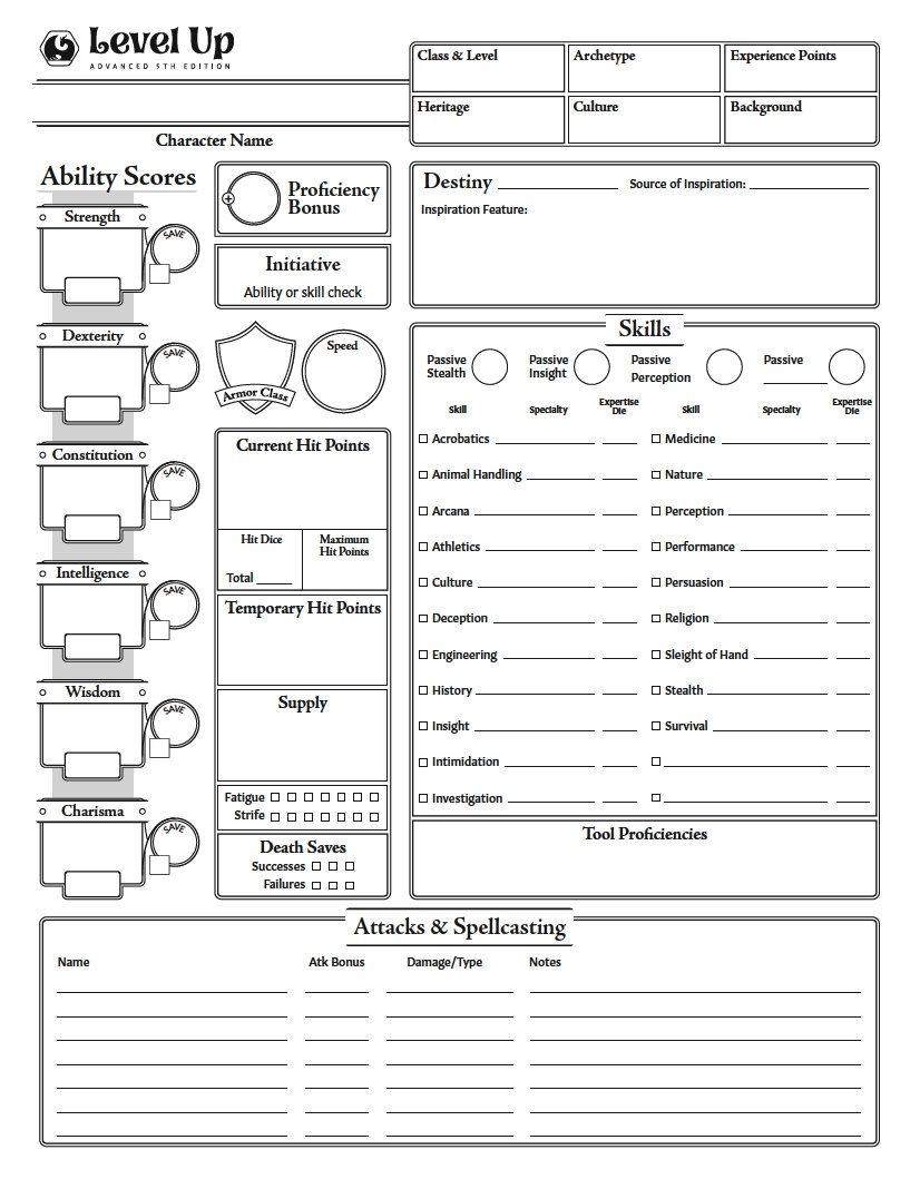 Let s Look At The Level Up Character Sheet Level Up Advanced 5th Edition A5E 