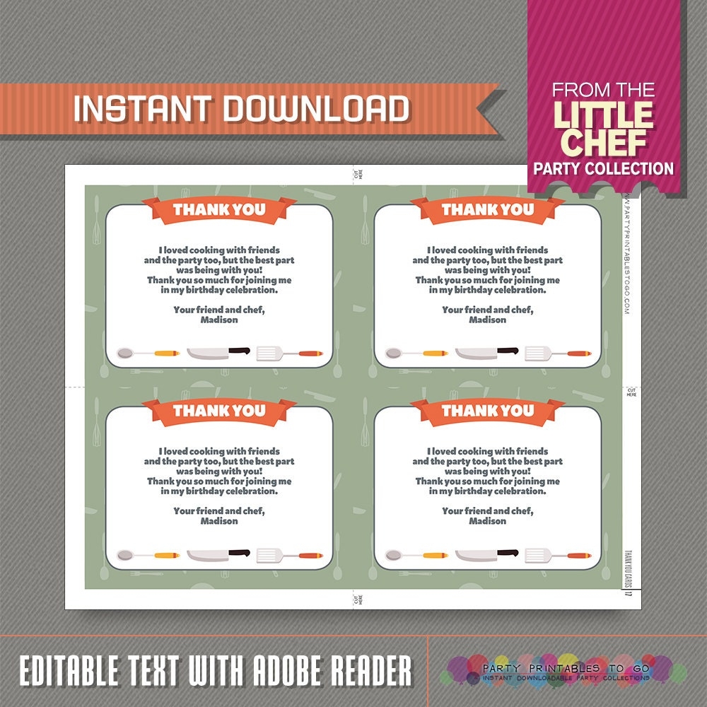 Printable Editable Thank You Cards Chef