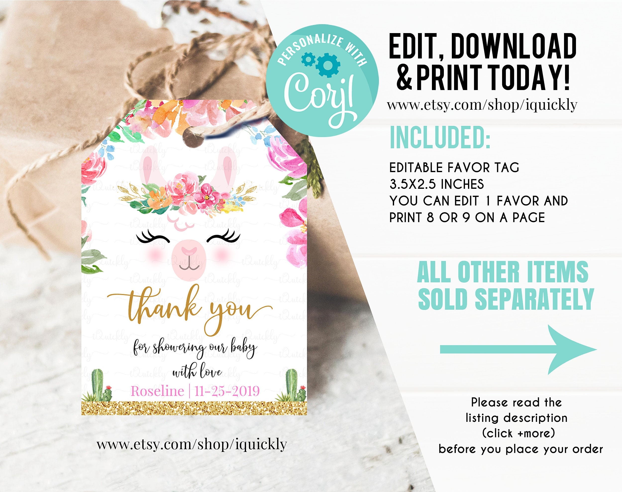 Llama Baby Shower Favor Tags Editable Llama Thank You Tags Alpaca Fiesta Cactus Gift Tags Girls Instant Download Printable Digital Etsy