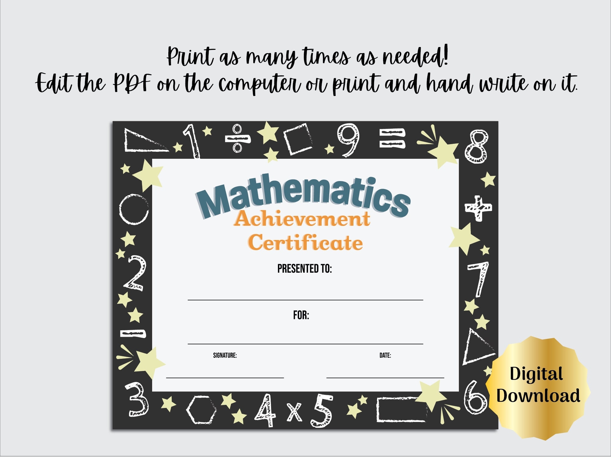 Math Certificate Award Of Recognition Template Editable PDF Digital Download Math Classroom Award End Of The Year Award Etsy