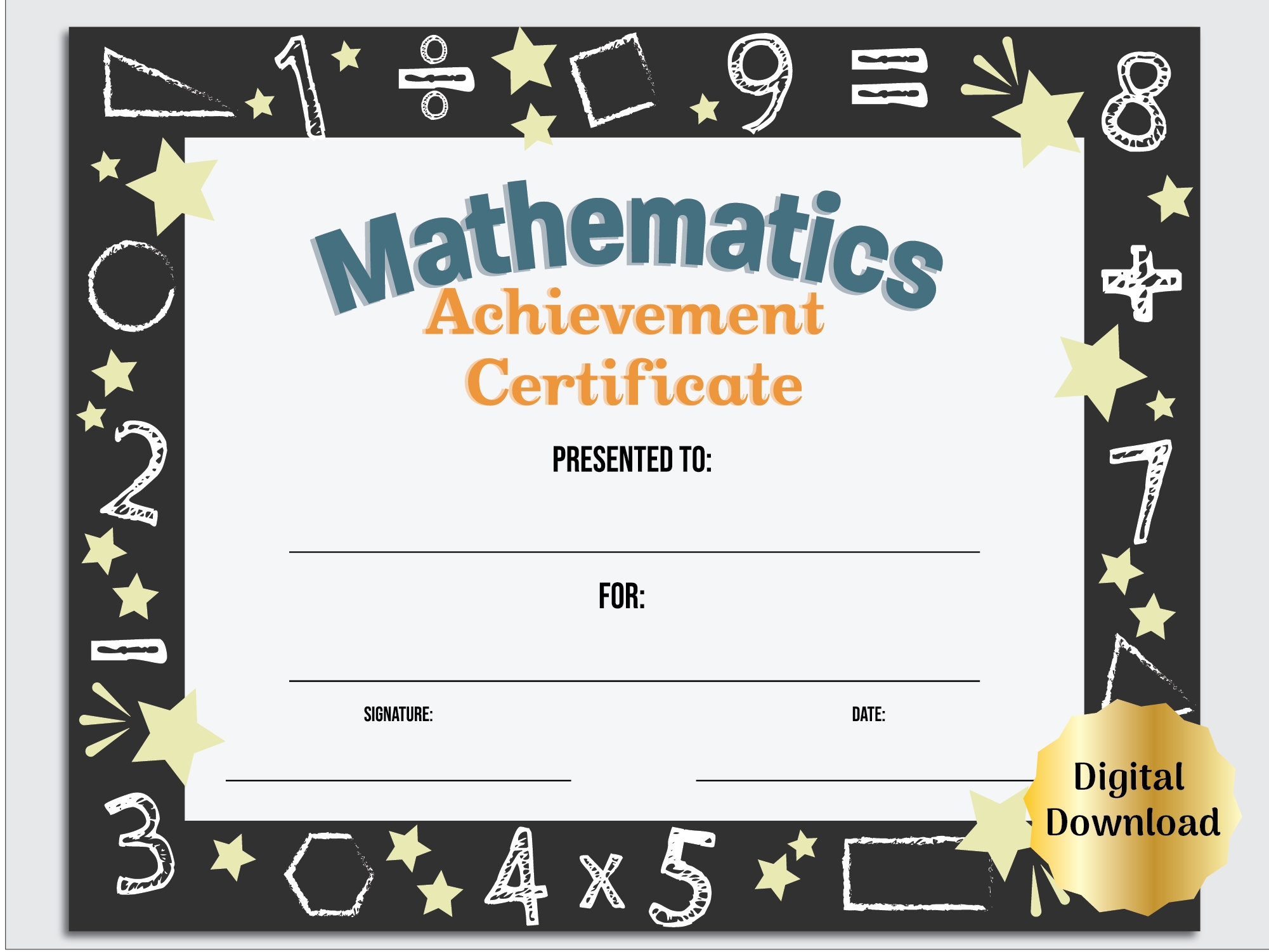 Math Certificate Award Of Recognition Template Editable PDF Digital Download Math Classroom Award End Of The Year Award Etsy