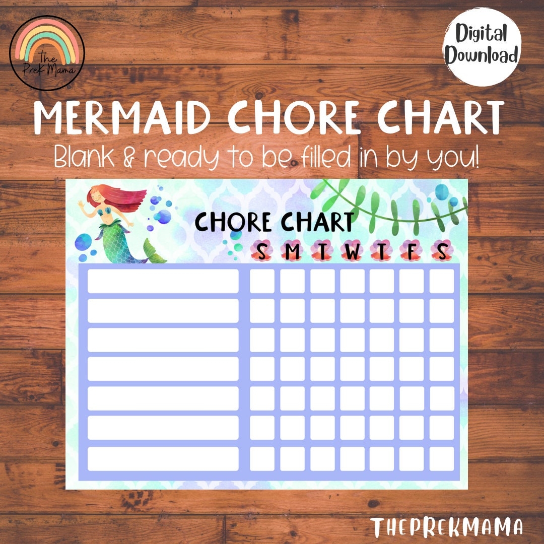 Mermaid Chore Chart Printable Chore Chart Blank Chore Chart Chore Chart For Kids Downloadable Chore Chart Printable For Kids Etsy