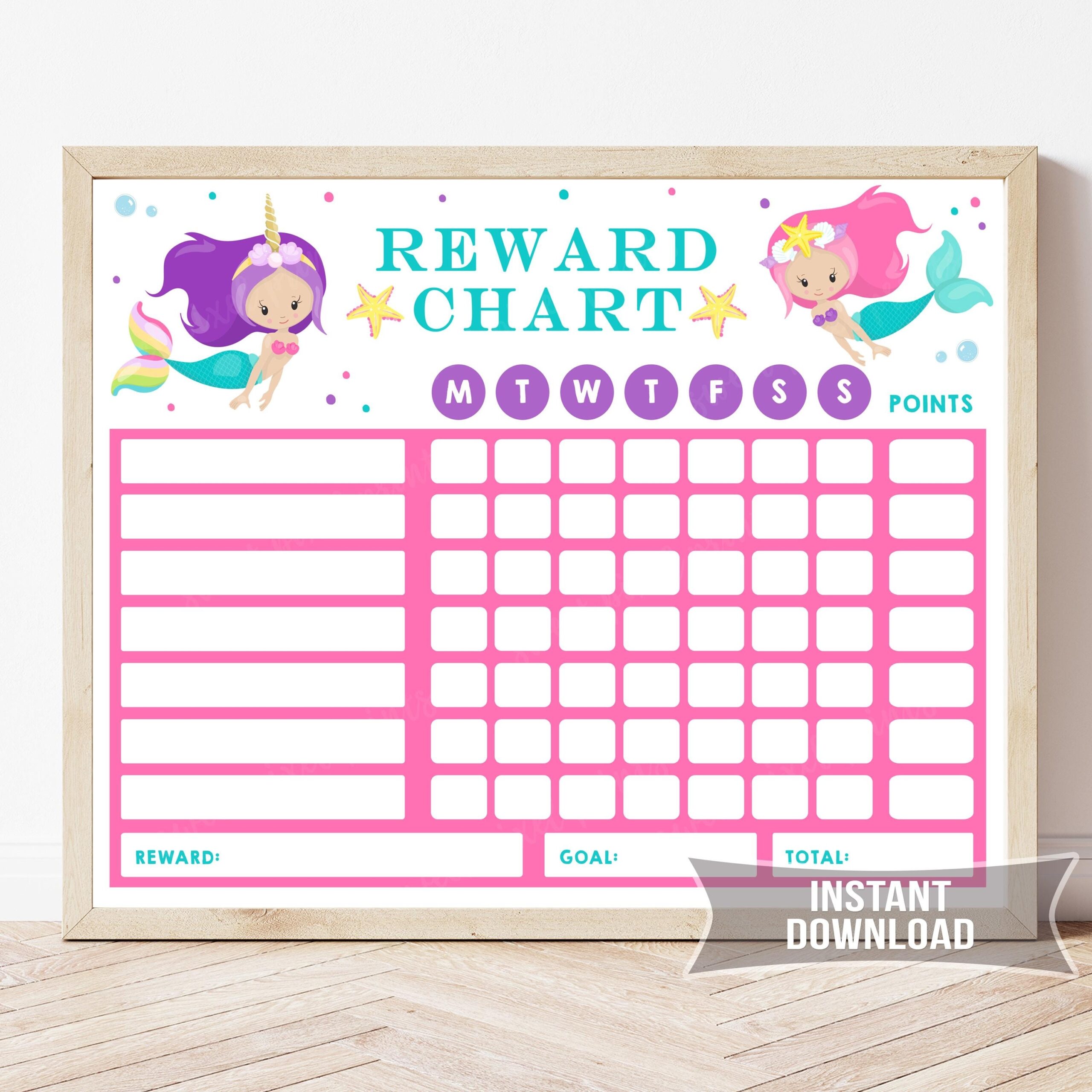 Mermaid Chore Chart Printable Reward Chart For Kids Printable Chore Chart Printable Blank Reward Chart NON Editable INSTANT DOWNLOAD Etsy