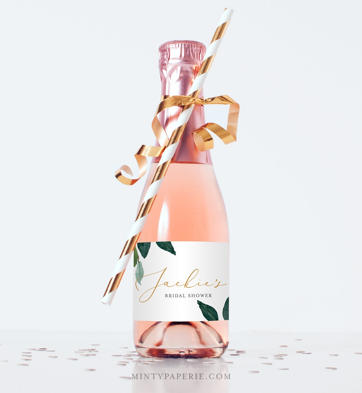 Mini Champagne Bottle Template Winter Greenery Wine Label Wedding Bridal Shower Favor Sticker Instant Download Editable 044 104ML