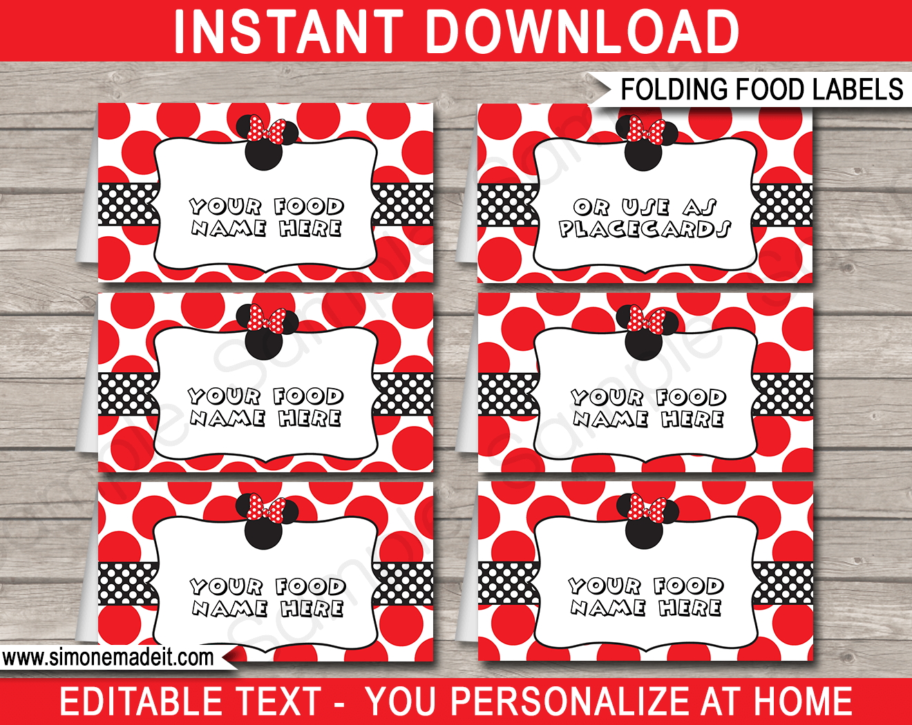 Minnie Mouse Theme Food Labels Place Cards Printable Template