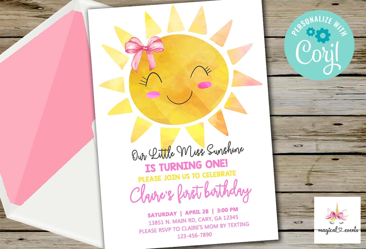 Miss Sunshine 1st First Birthday Invitation Is Turning One Girl First Birthday Invite Digital Printable Corjl Editable Sun Hair Bow Etsy