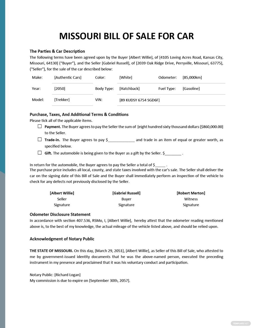 Missouri Used Car Bill Of Sale Form Template In Word PDF Google Docs Download Template