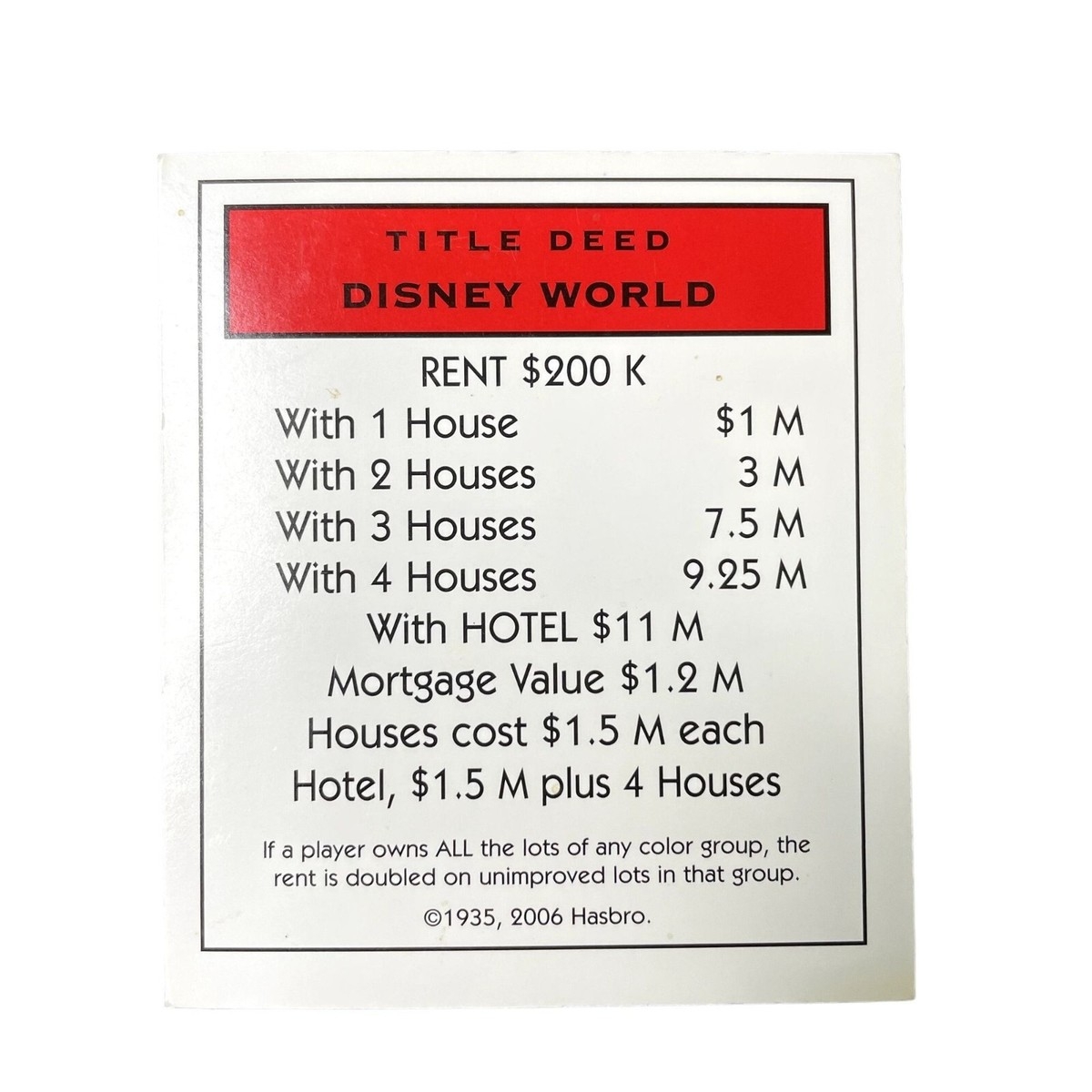 Monopoly Electronic Banking Disney World Property U Title Deed Card Replacement EBay