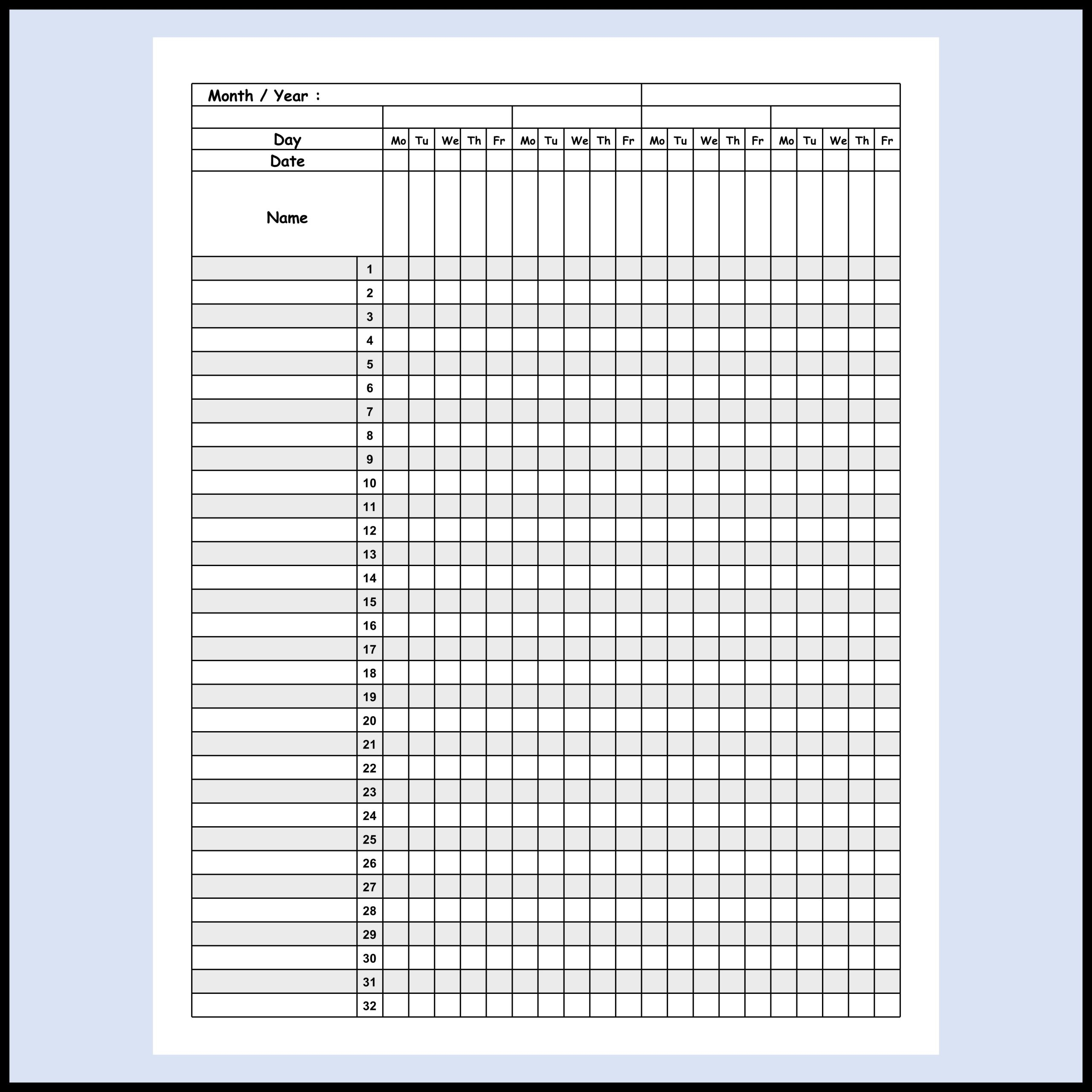 Monthly Attendance Sheet For Teacher 8 5 X 11 Inch Made By Teachers