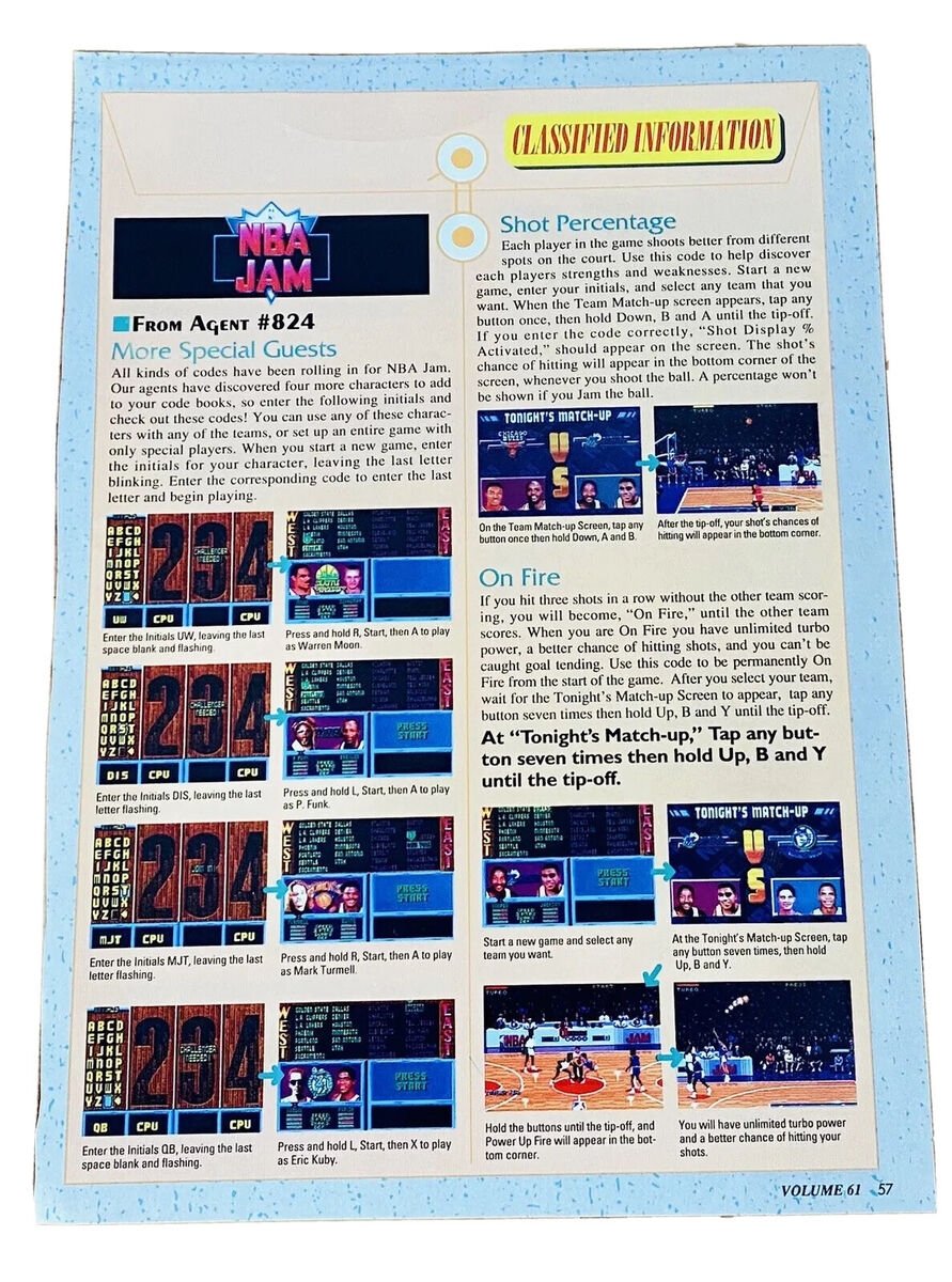 NBA Jam SNES Cheat Codes Nintendo Power Magazine Print Photo Review Rare EBay