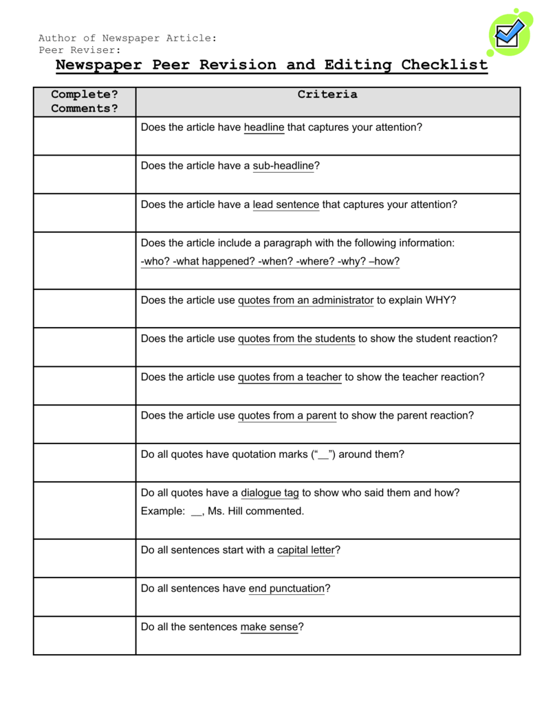 Newspaper Article Peer Revision Checklist