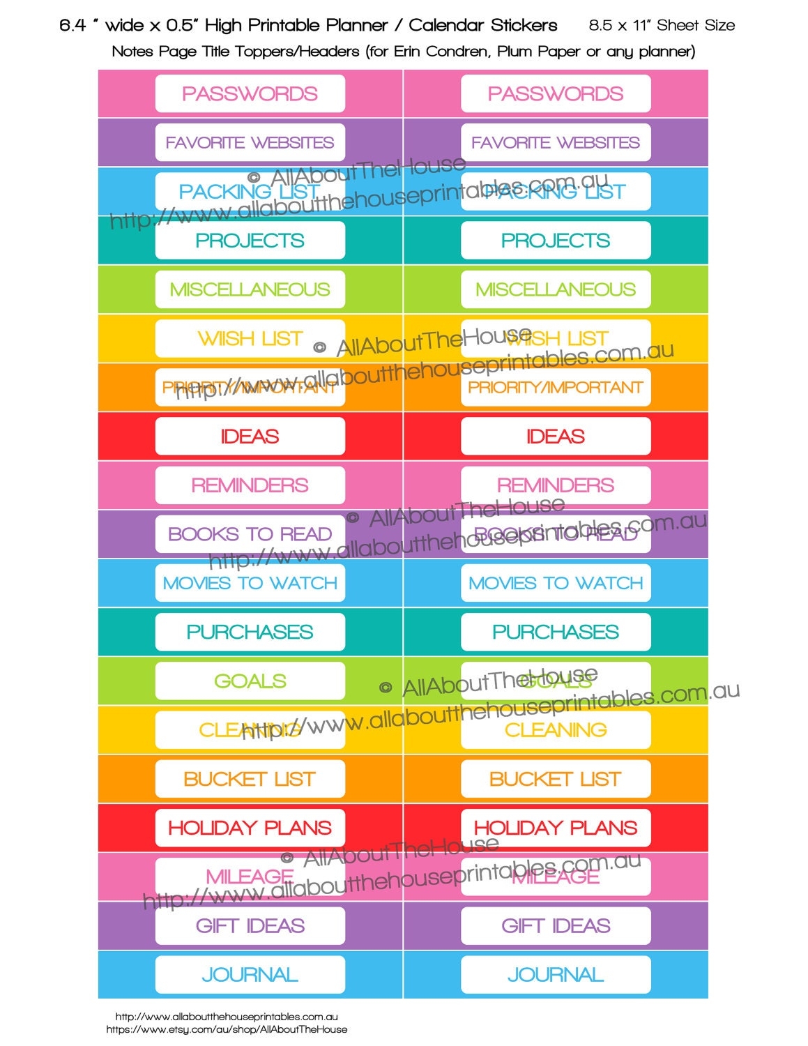 Notes Page Title Topper Header Planner Stickers Checklist Printable To Do List Ideas Tasks Rainbow ECLP Plum Paper Ect NPTS001 Etsy