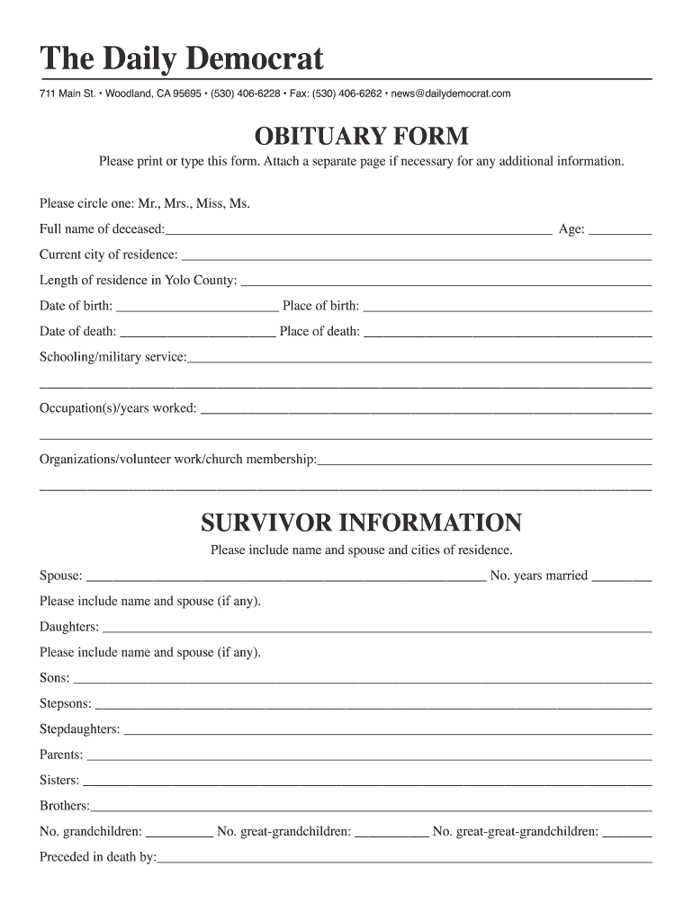 Obituary Form To Fill Out Fill Online Printable Fillable Blank PdfFiller
