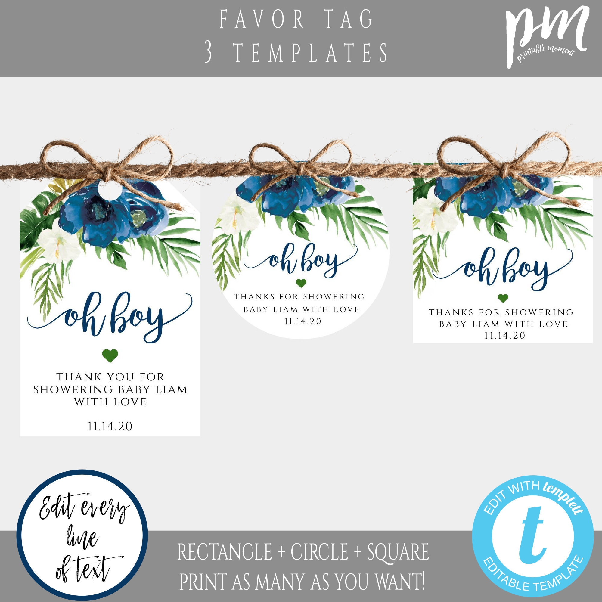 Oh Boy Blue Floral Baby Shower Gift Tag Template Set For Boy Printable Gift Tag Personalized Favor Tag Self Edit Print Thank You Tag Etsy