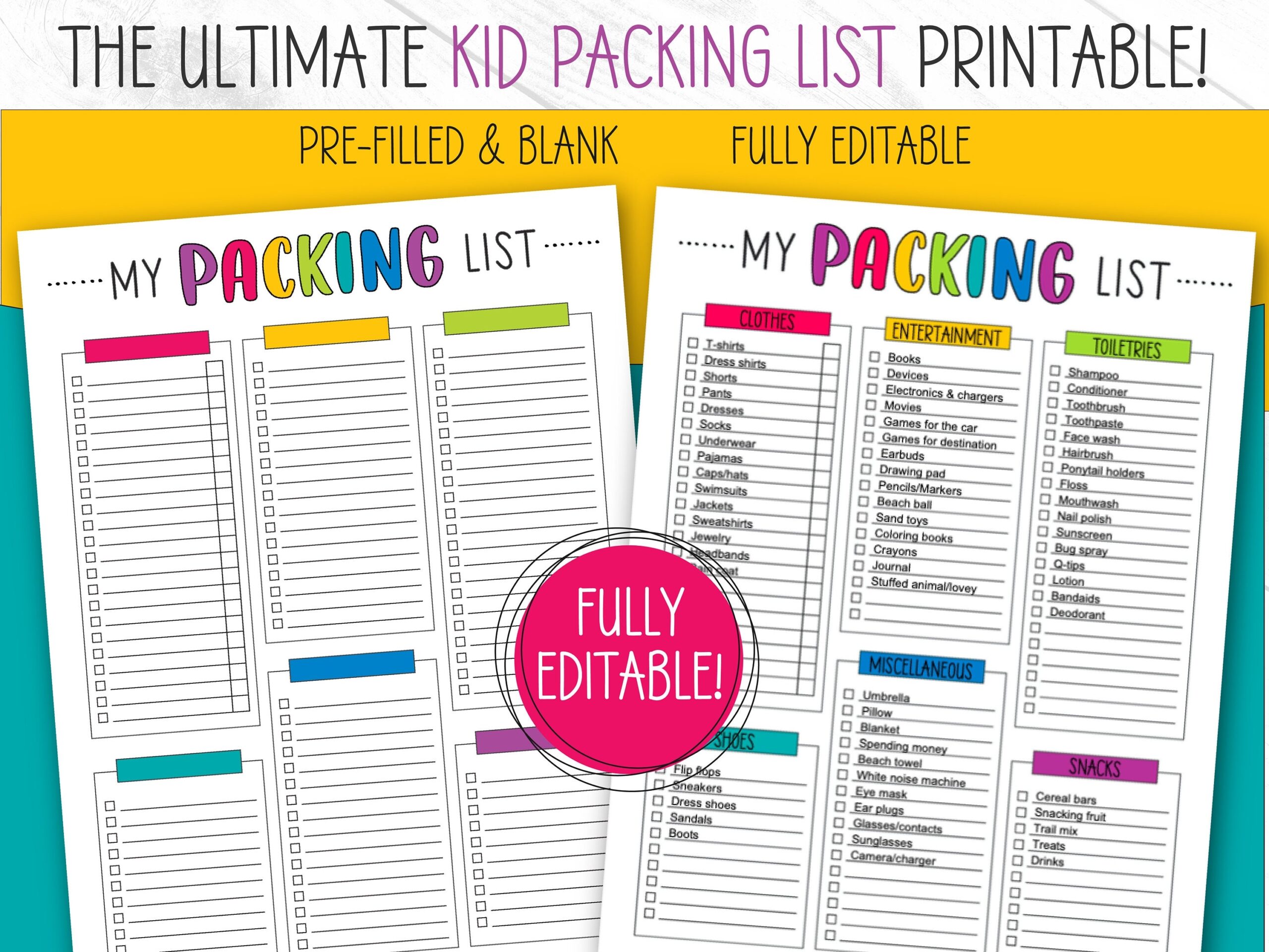 Printable Packing List Editable