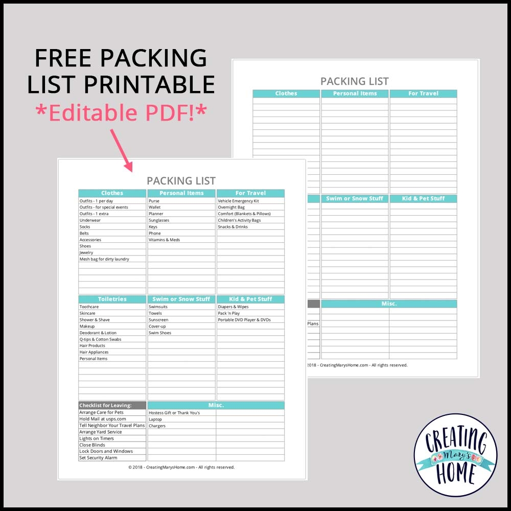 Printable List That Can Be Edited Free