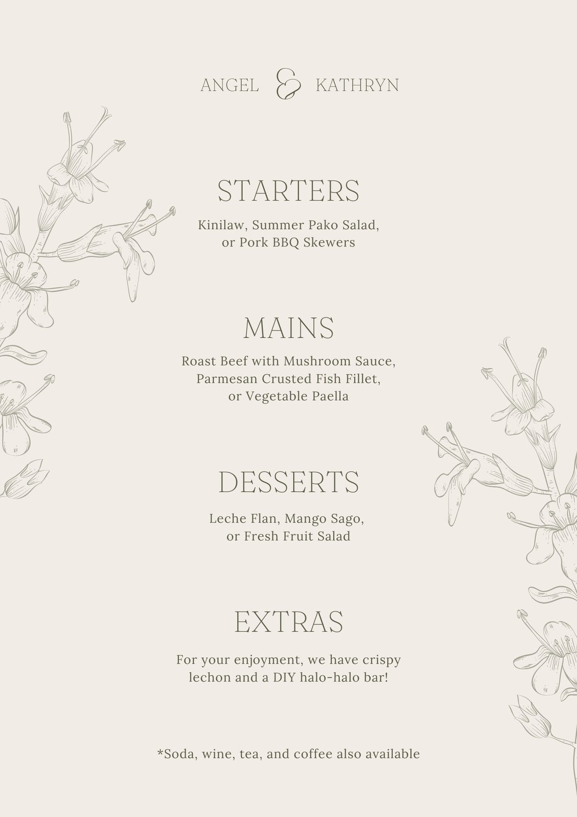 Wedding Menu Printable, Menu Editable Template No. Edn 5114