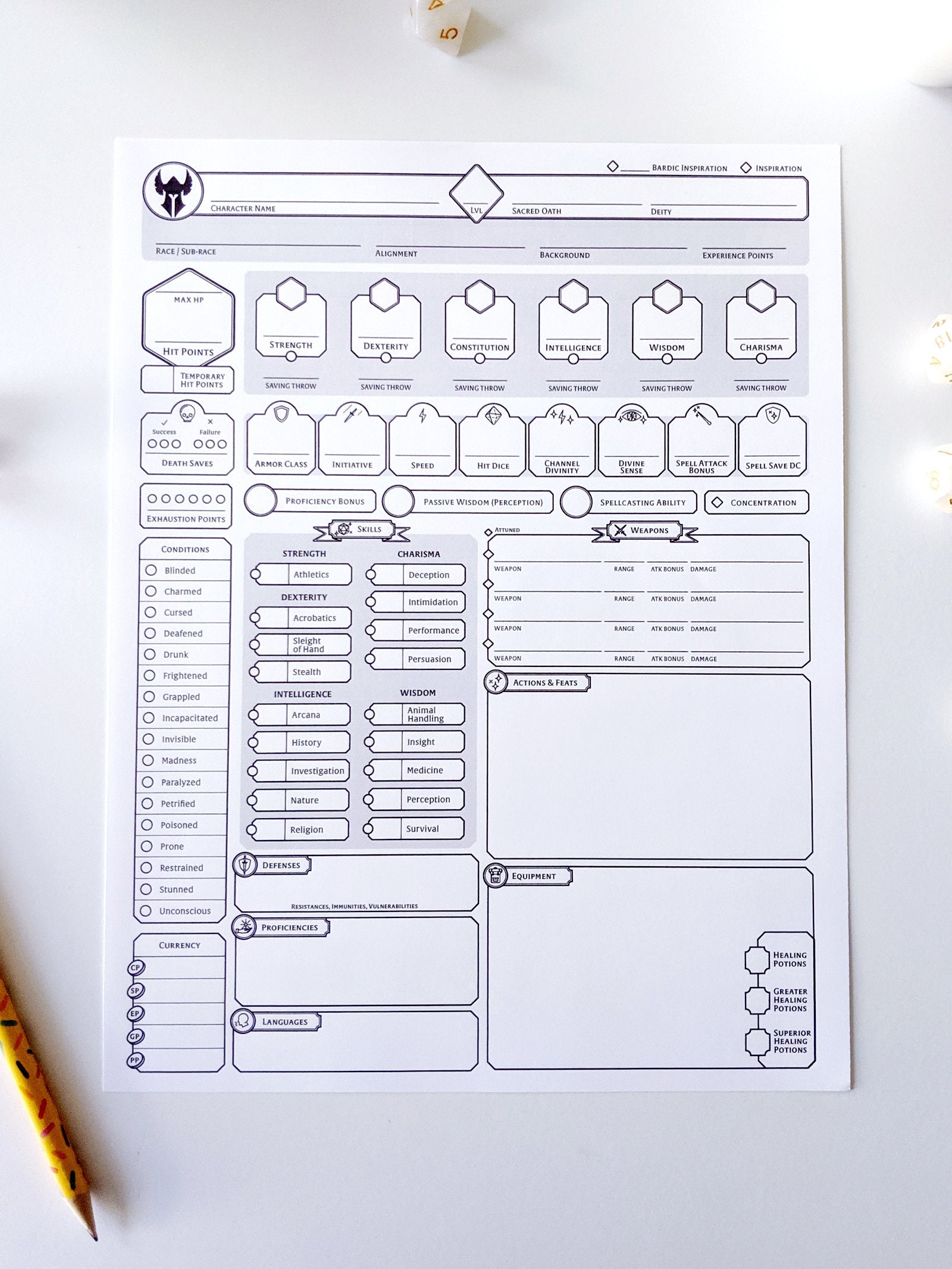 Paladin Custom Character Sheet Printable And Form fillable Etsy