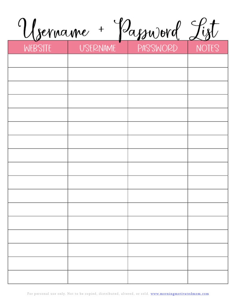 Password Keeper Printable Morning Motivated Mom