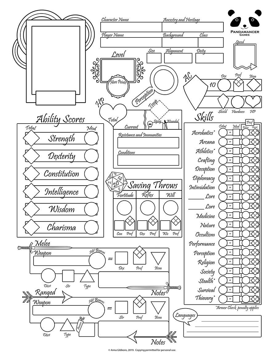 Pathfinder 2 Simplified Character Sheet Pandamancer Games DriveThruRPG