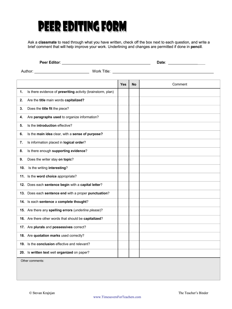Peer Editing Checklist High School Pdf Fill Online Printable Fillable Blank PdfFiller
