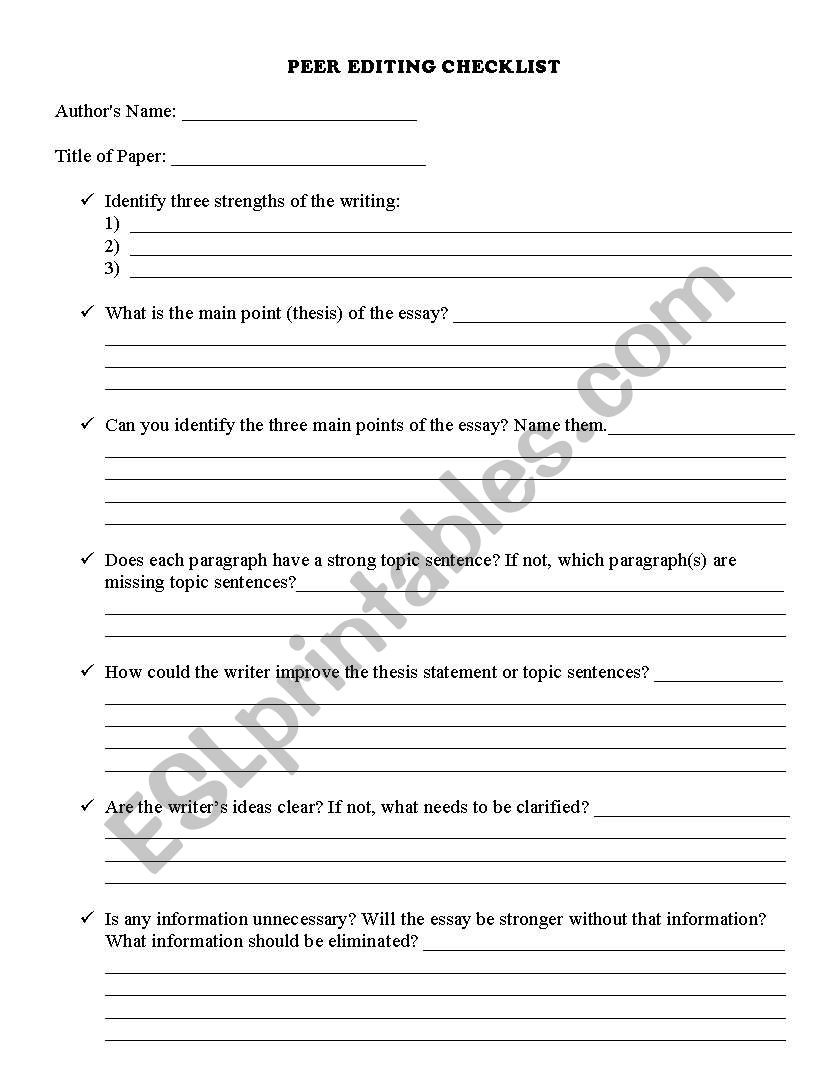 Peer Editing Worksheet ESL Worksheet By Sdadzie
