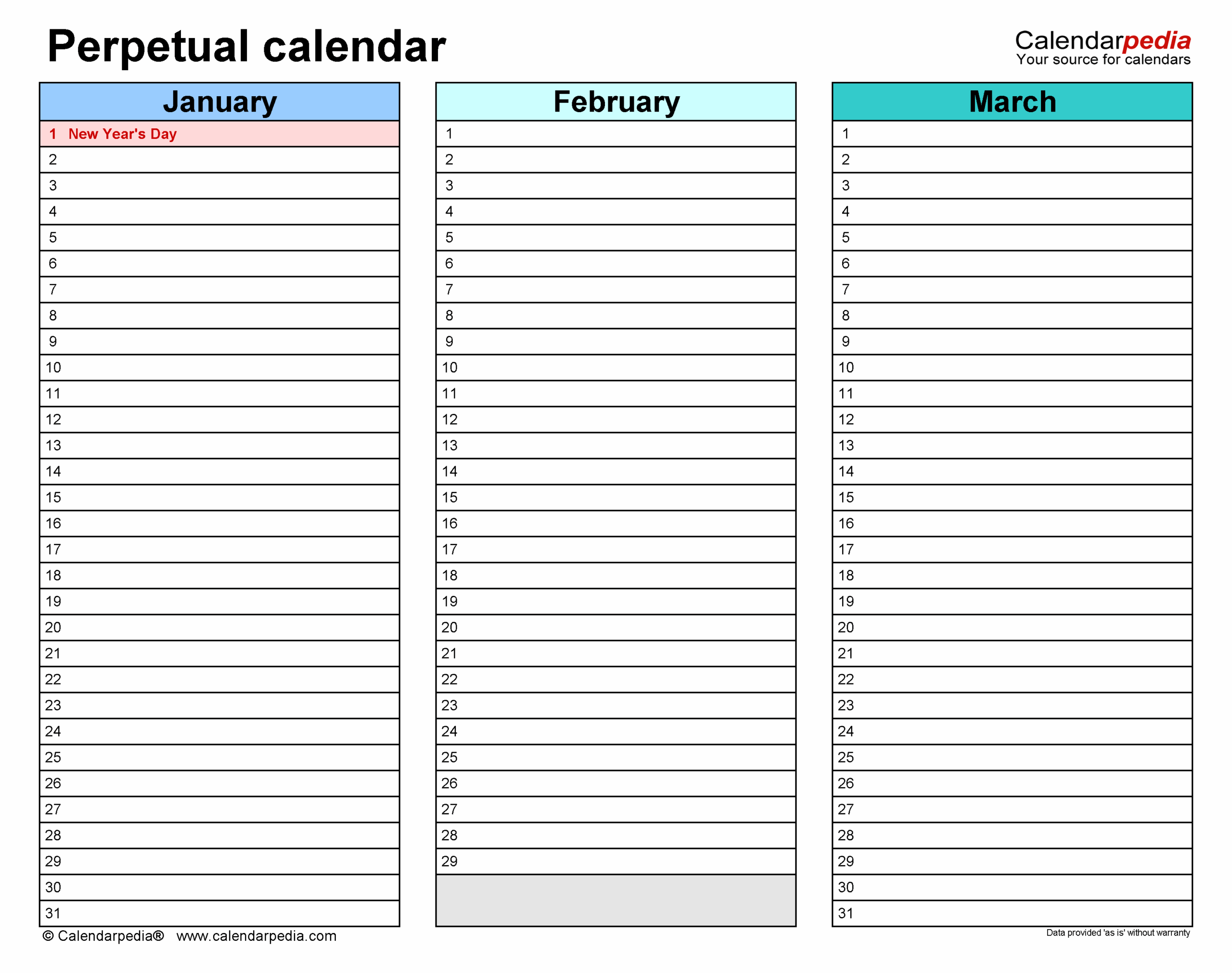 Perpetual Calendars Free Printable Microsoft Word Templates