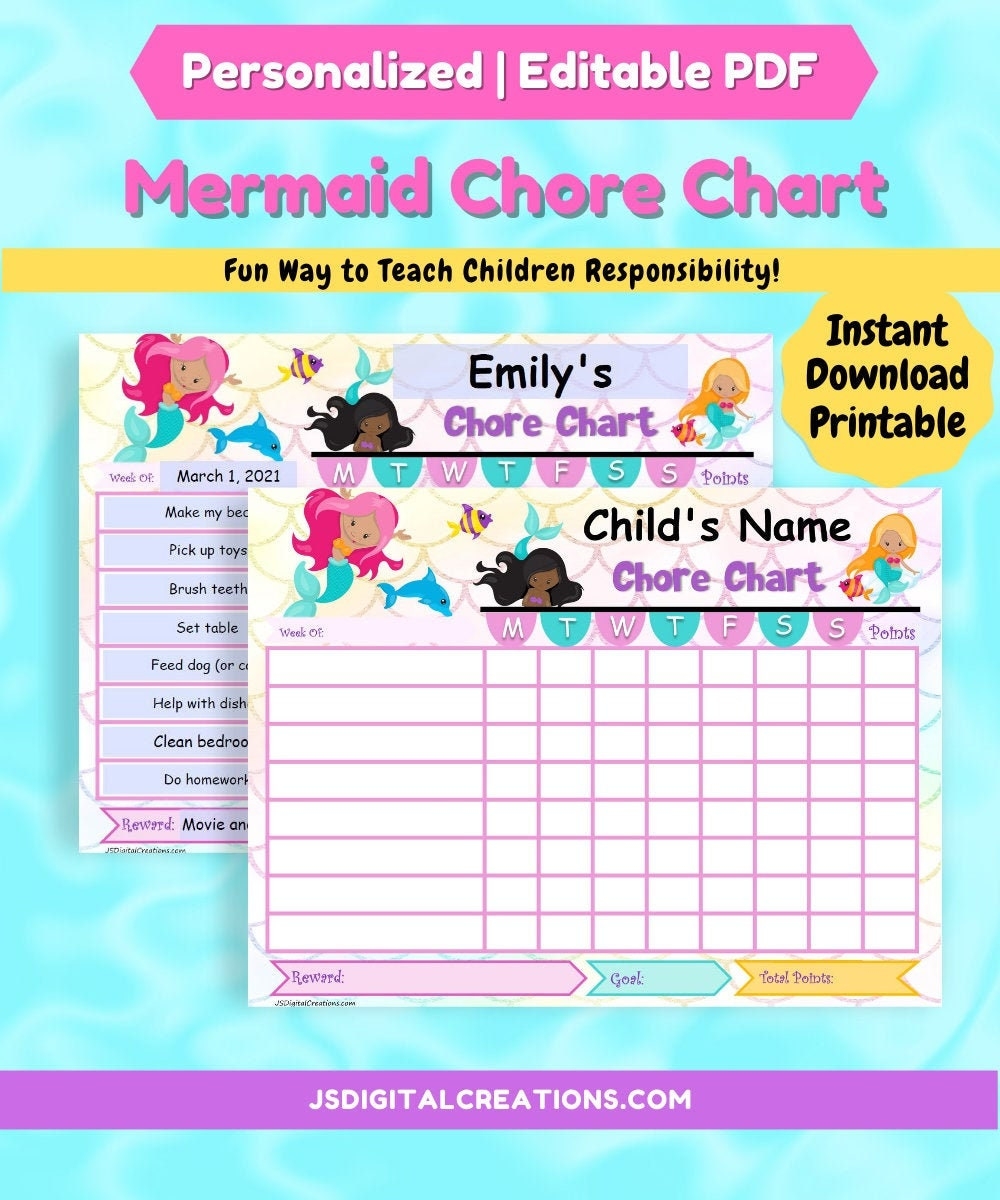 Personalized Mermaid Chore Chart Instant Download Printable Chore Chart Editable PDF Behavior Chart Etsy