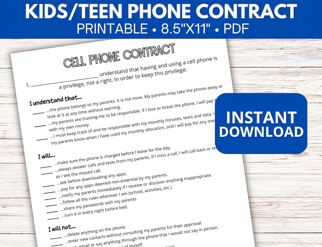 Phone Contract Printable Kids Teens Cell Phone Contract PDF Cell Phone Agreement Cell Phone Rules First Phone Contract Instant Download Etsy