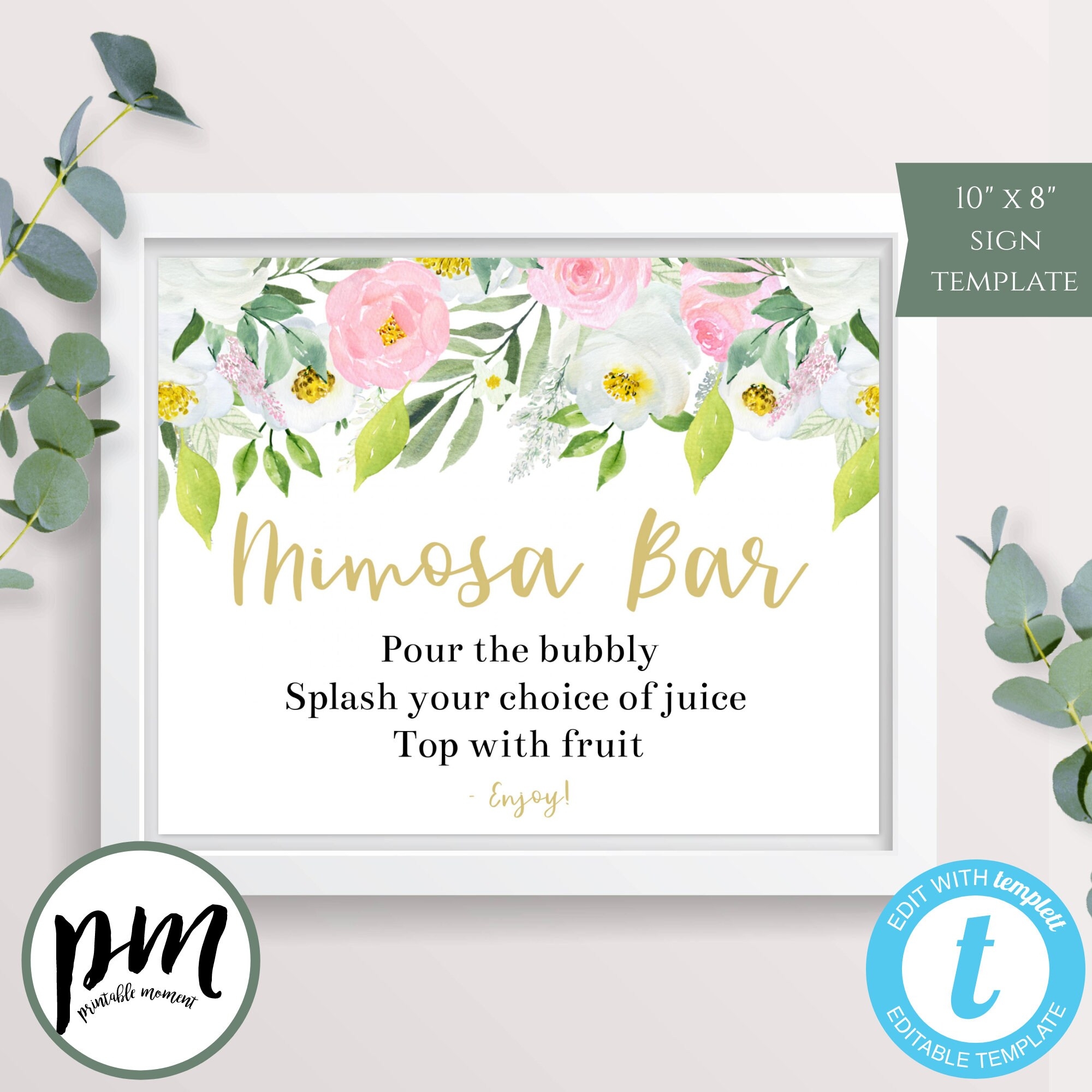 Pink And Gold Mimosa Bar Sign Template Editable Bridal Shower Decor DIY Editable Instant Download Printable Shower Sign Templett PG Etsy