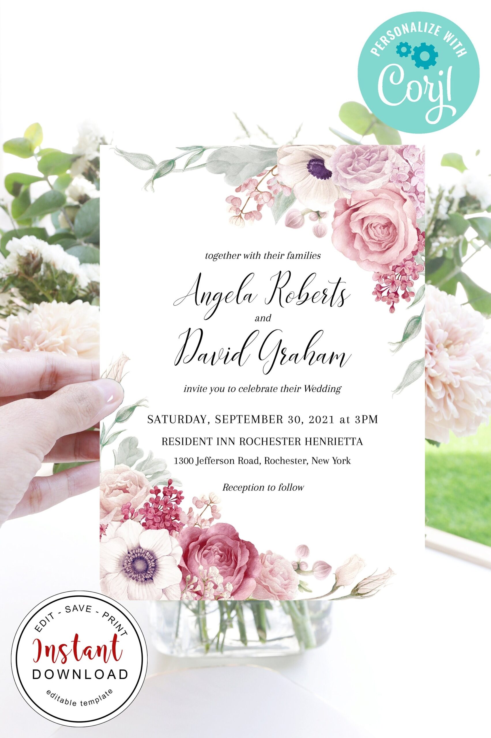 Pink Blush Mauve Editable Wedding Invitation mauve Blush Roses Editable Invitation mauve Flowers wedding Bridal Shower Bridal Invite C 061 Etsy