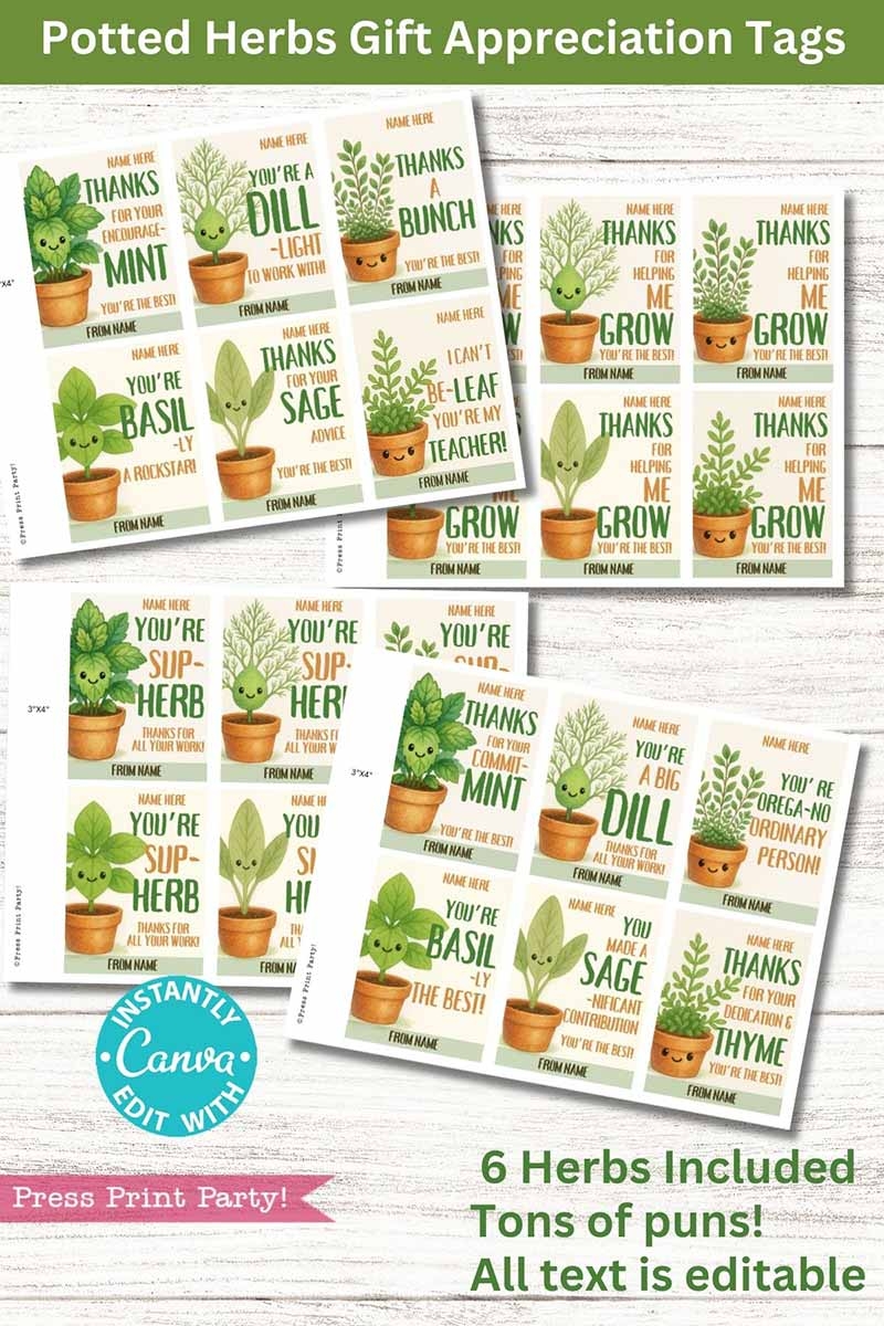 Potted Herb Plant Gift Tags Printable Appreciation