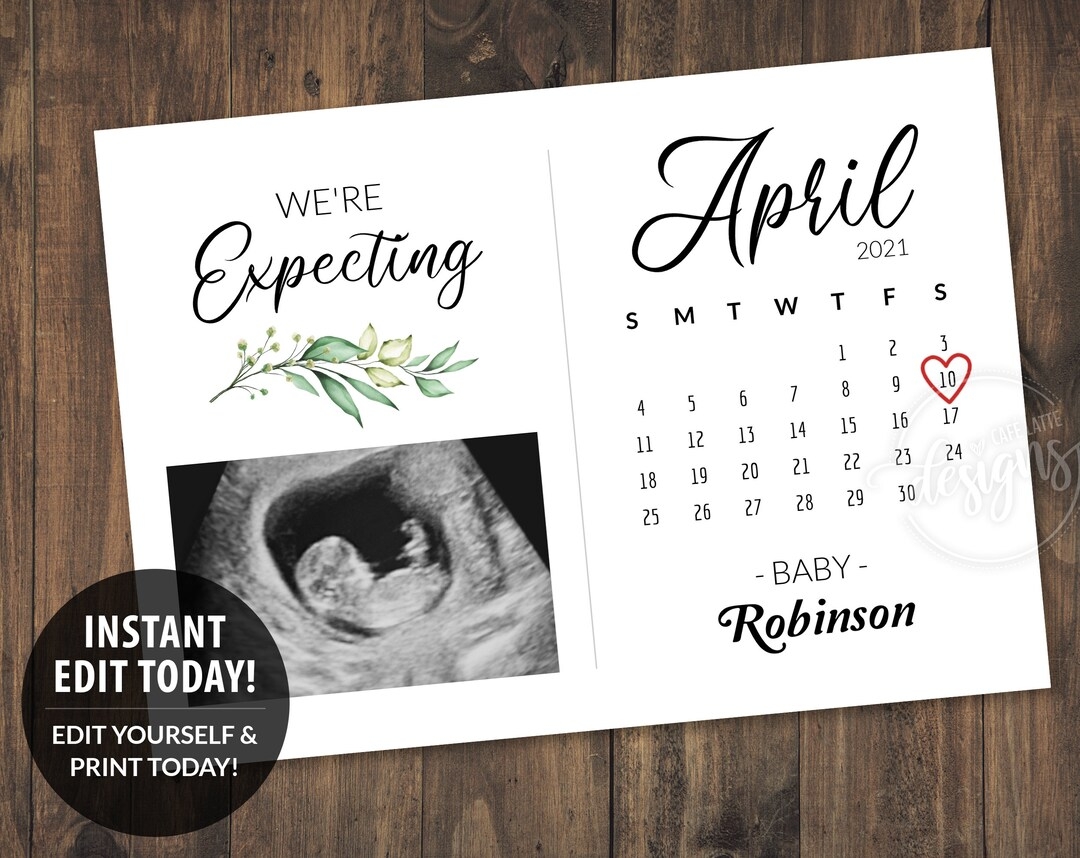 Pregnancy Announcement Printable Card Baby Announcement To Husband Grandparents Due Date Calendar April Expecting Digital Editable Etsy