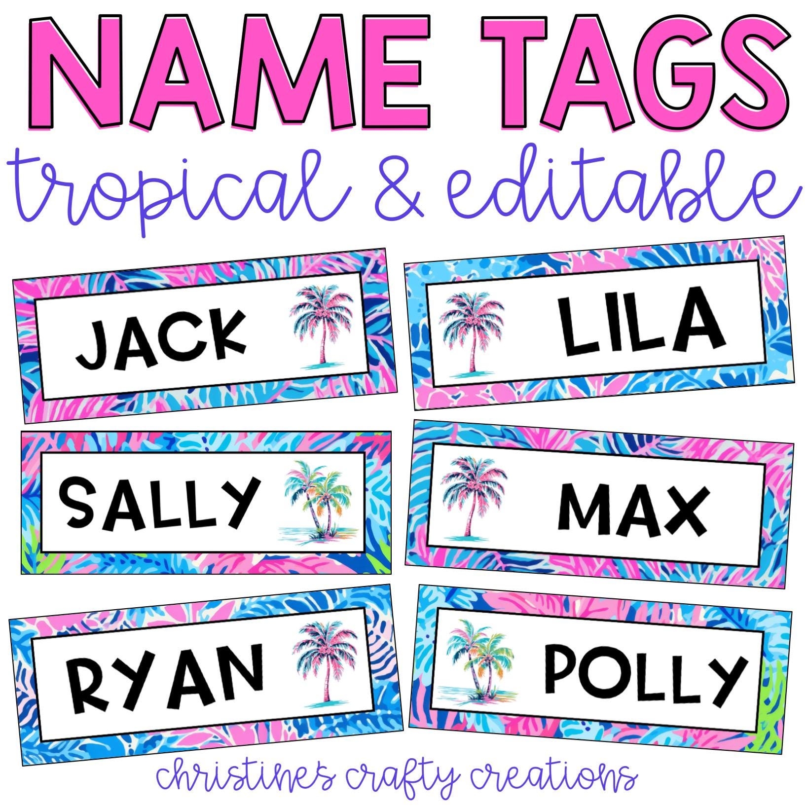 Preppy And Tropical Name Tags L Editable Etsy