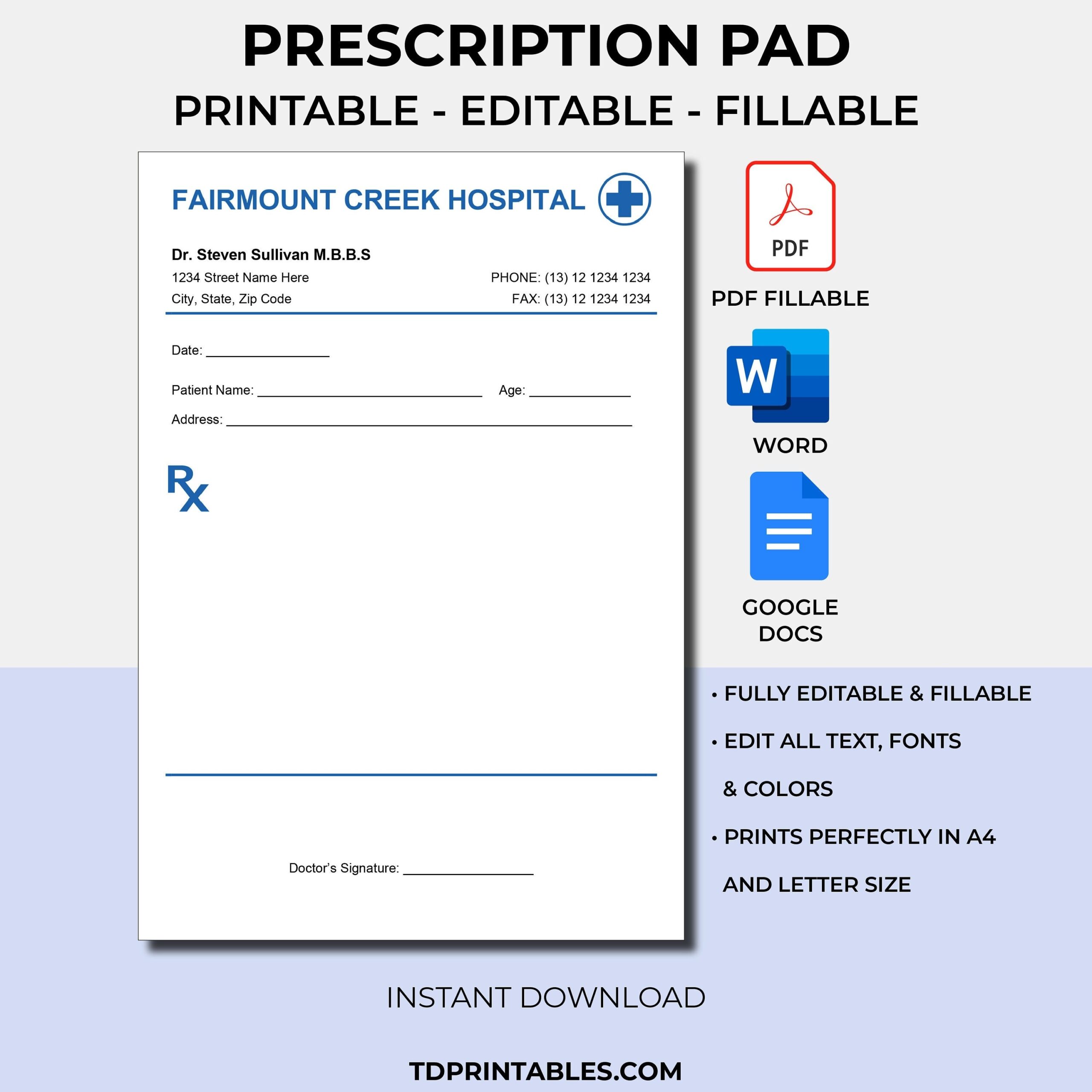 Prescription Pad Template Rx Prescription Notepad Template Prescription Form Doctor Prescription Sheet Page Word PDF Template fillable Etsy