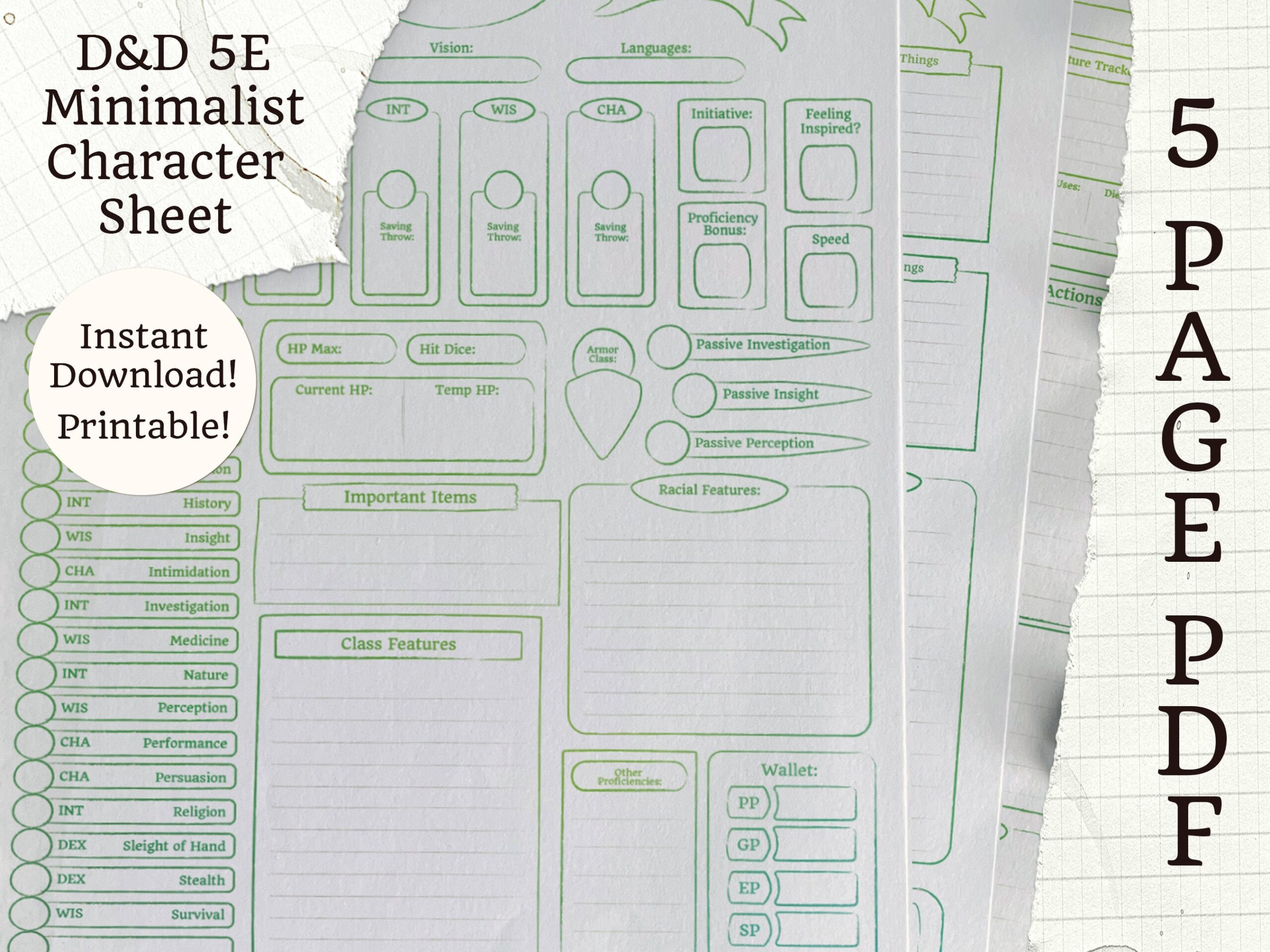 Printable 5E Character Sheet Minimalist Green 5 Page PDF D D Etsy