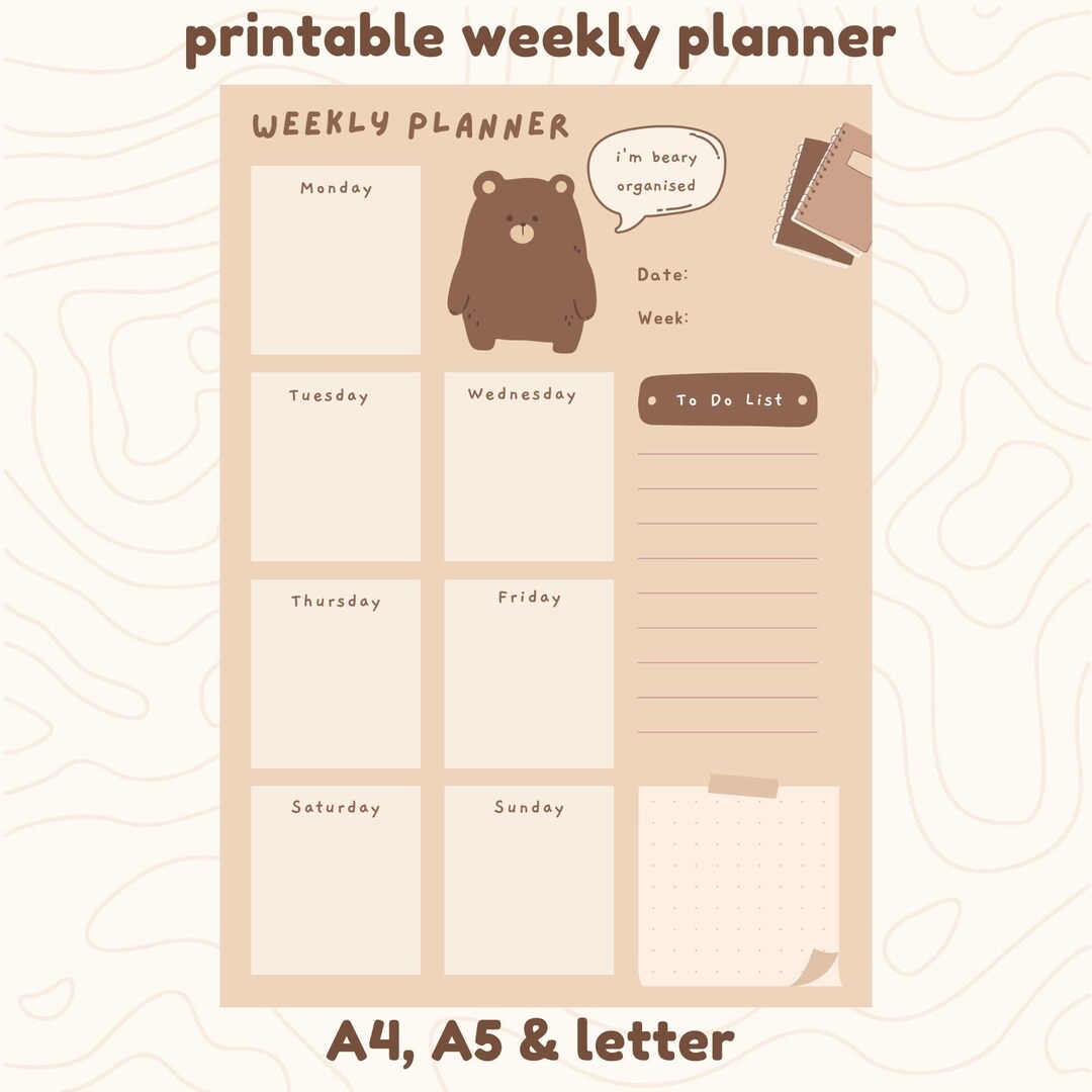 Printable Bear Weekly Planner Etsy