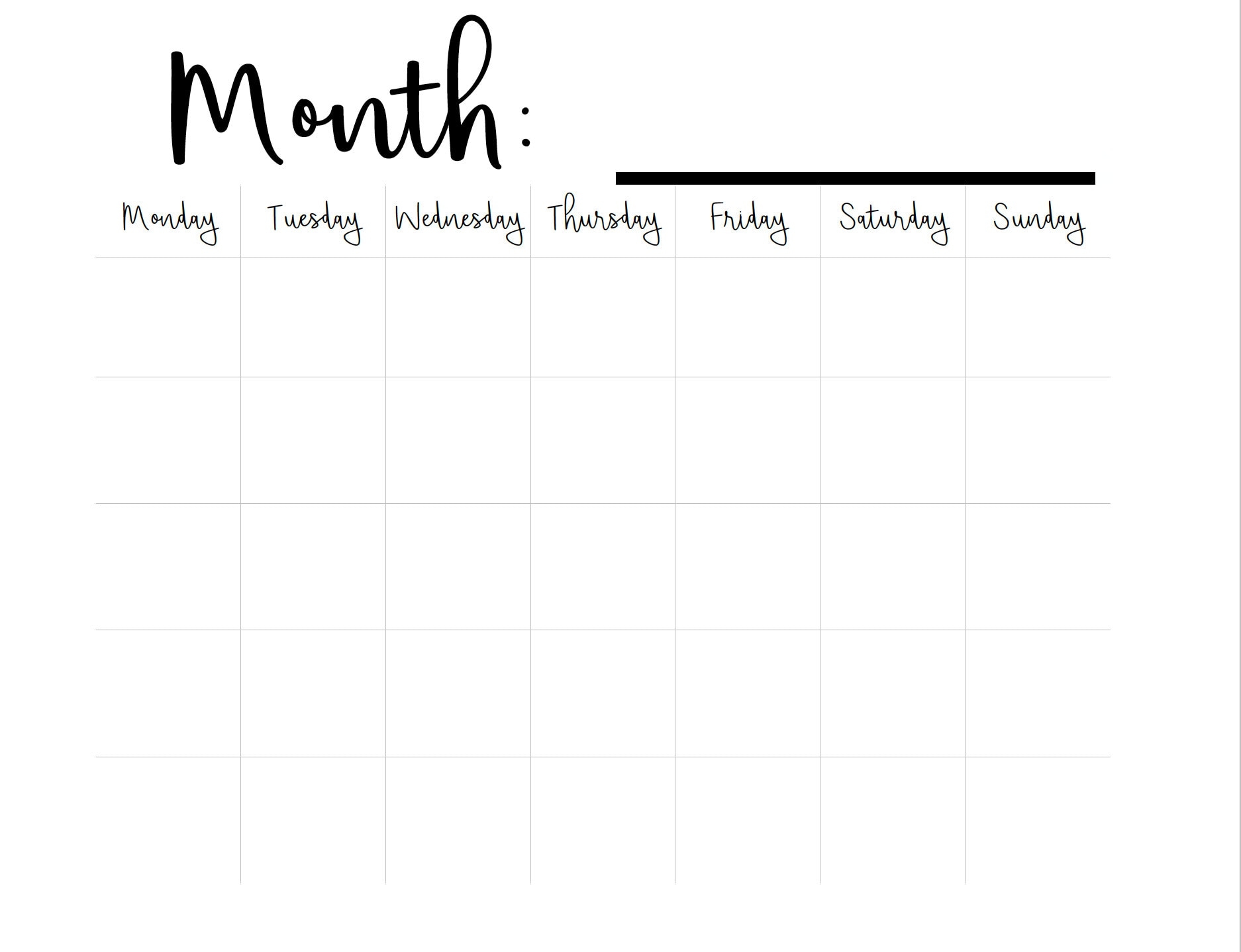 Printable Blank Monthly Calendar monday Start A3 11 7x16 5 Etsy