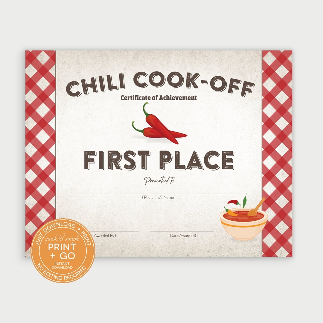 Printable Chili Cook off Award Winner Certificate First Place Prize Winner Award NO EDITING Required Just Download Print Etsy